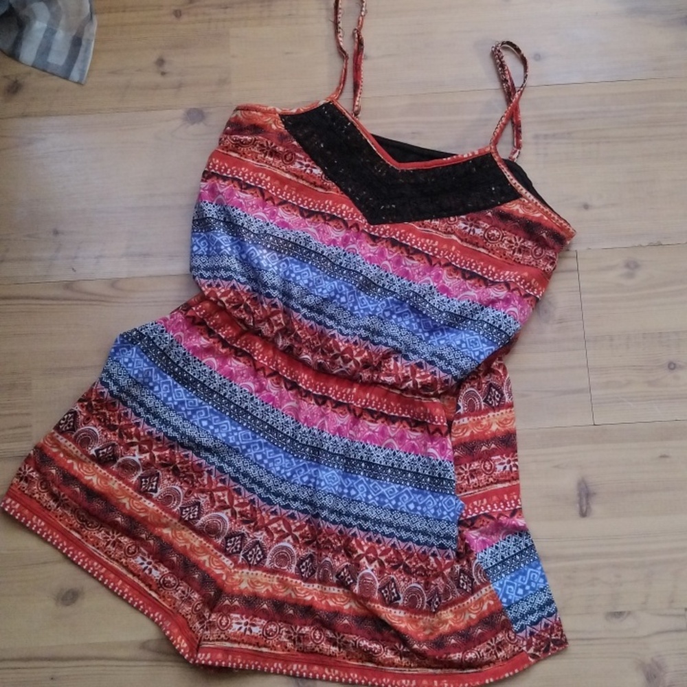 Large Xhilaration Orange and Blue Patterned Romper With Pockets